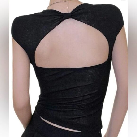 Commense Top Womens Medium Black Cutout cap Sleeve stretch semi sheer - Picture 2 of 16